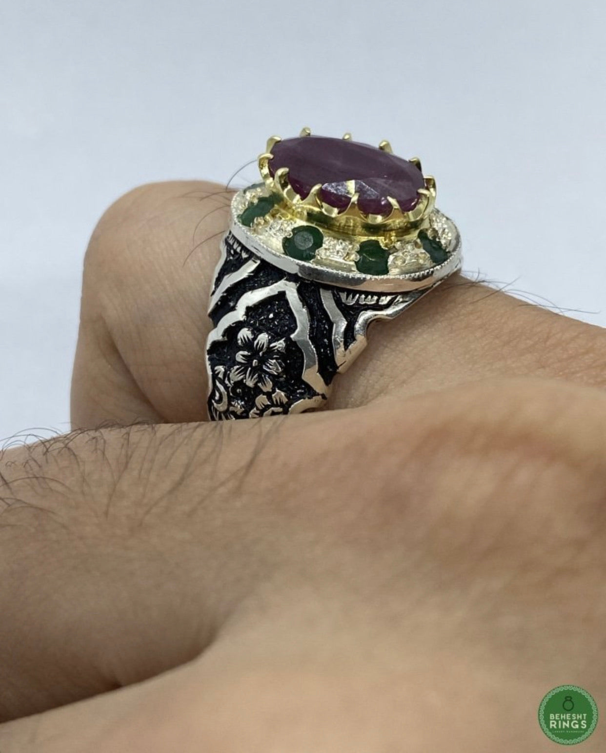 Custom Ruby w/ emerald ring - Behesht Rings