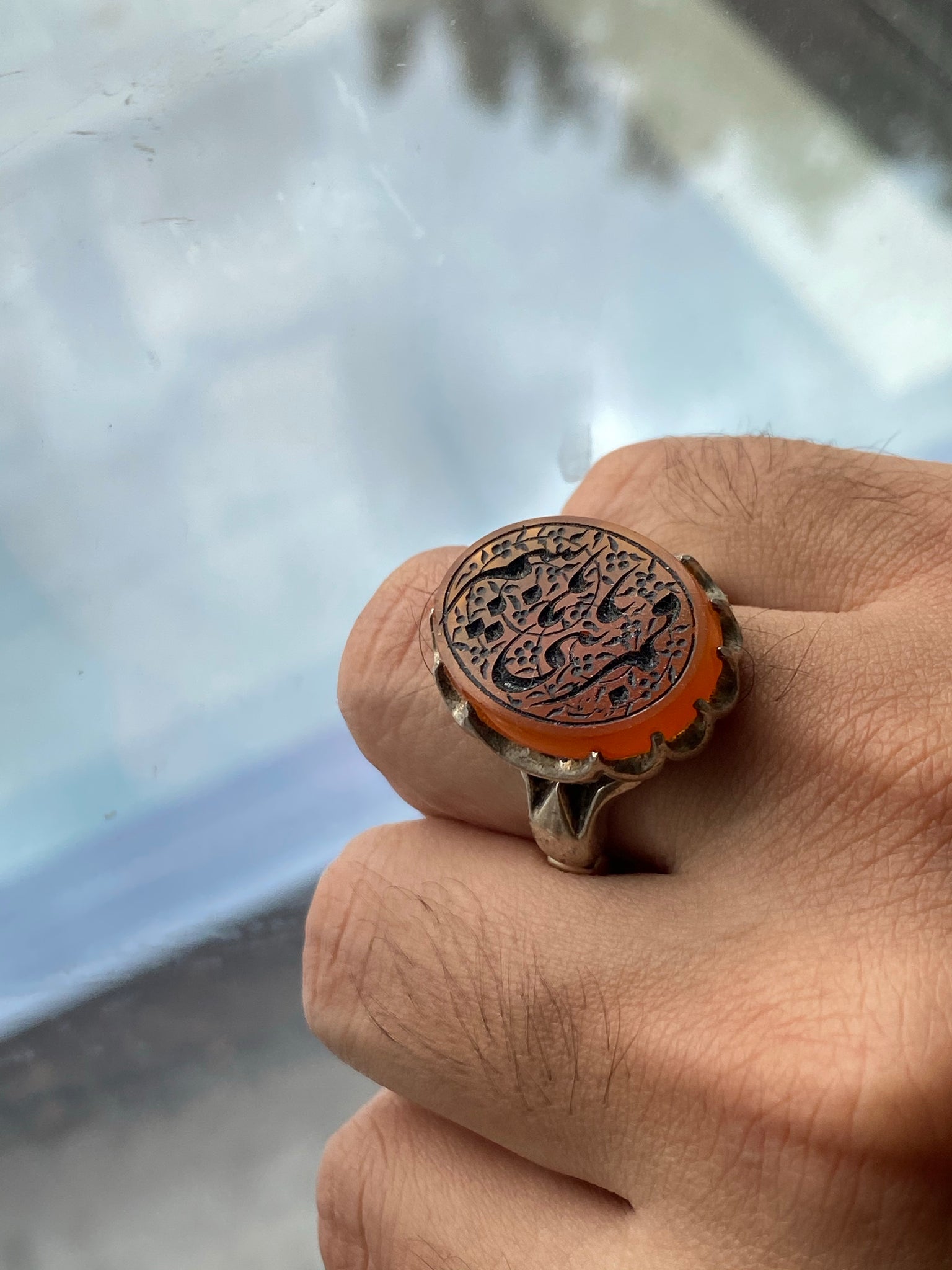 Red agheegh ring with calligraphy - Behesht Rings