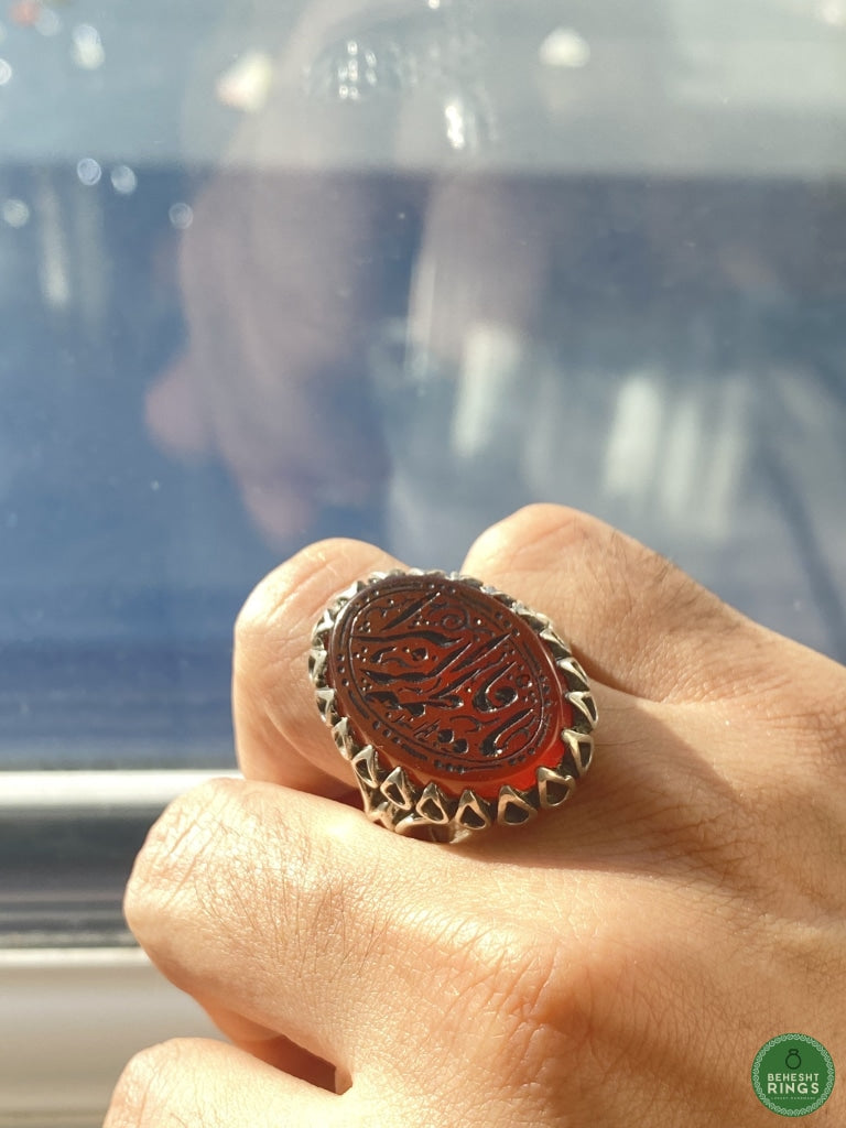 Scorching Red Agheegh w/ religious calligraphy - Behesht Rings